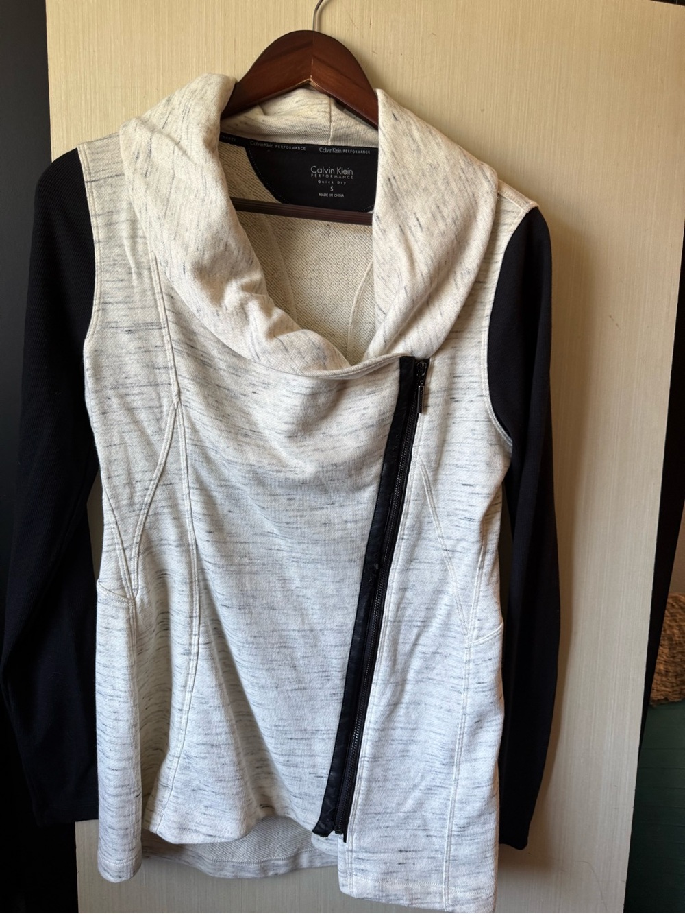 Calvin Klein Cream and Black Cowl-Neck Zip Sweater